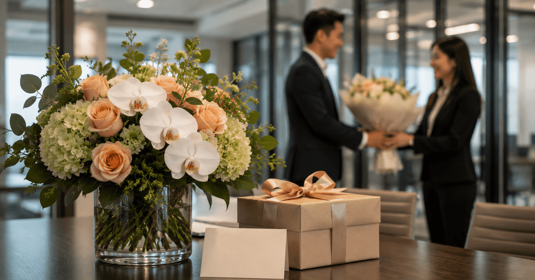 Corporate flower arrangement and gift box on a conference table while two professionals exchange a bouquet, representing corporate gifting in Singapore and how flowers strengthen business relationships.