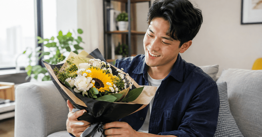 Man holding a sunflower and white flower bouquet at home for a birthday celebration