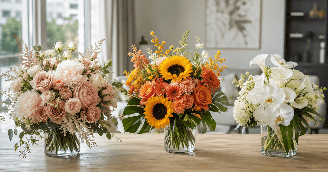 Floral bouquet guide featuring soft pink roses and peonies, vibrant sunflower and orange flower arrangement, and elegant white orchids, showing how different flower styles can reflect different personalities.