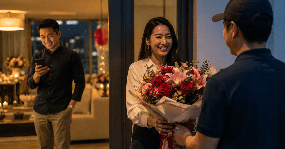 Same-day flower delivery surprise at a home entrance with a woman receiving a bouquet from a delivery person while a smiling partner looks on, showing a last-minute flower gift for a special occasion.