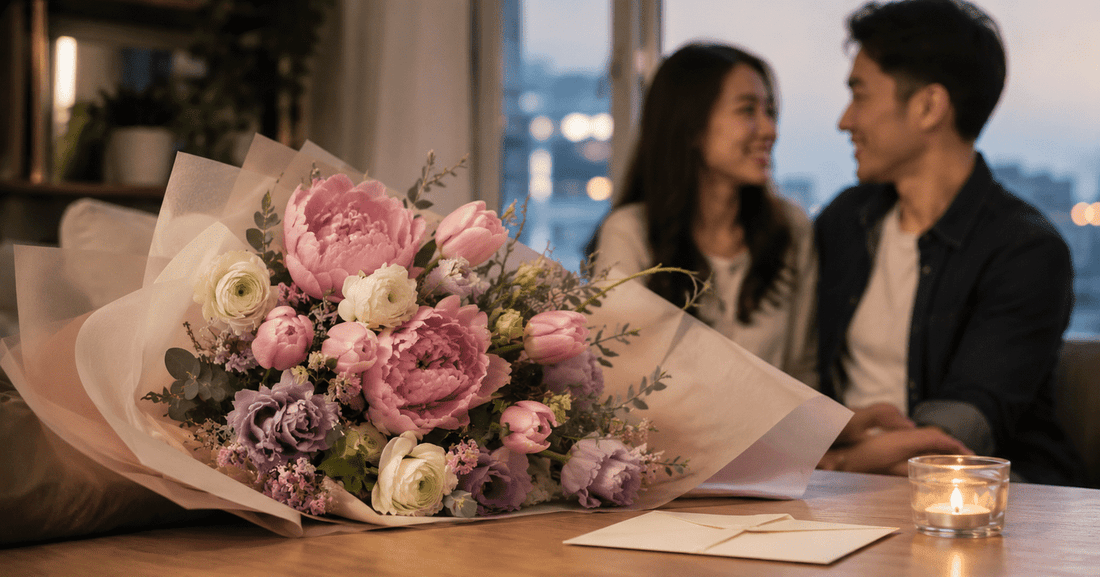 Floral bouquet guide featuring soft pink roses and peonies, vibrant sunflower and orange flower arrangement, and elegant white orchids, showing how different flower styles can reflect different personalities.