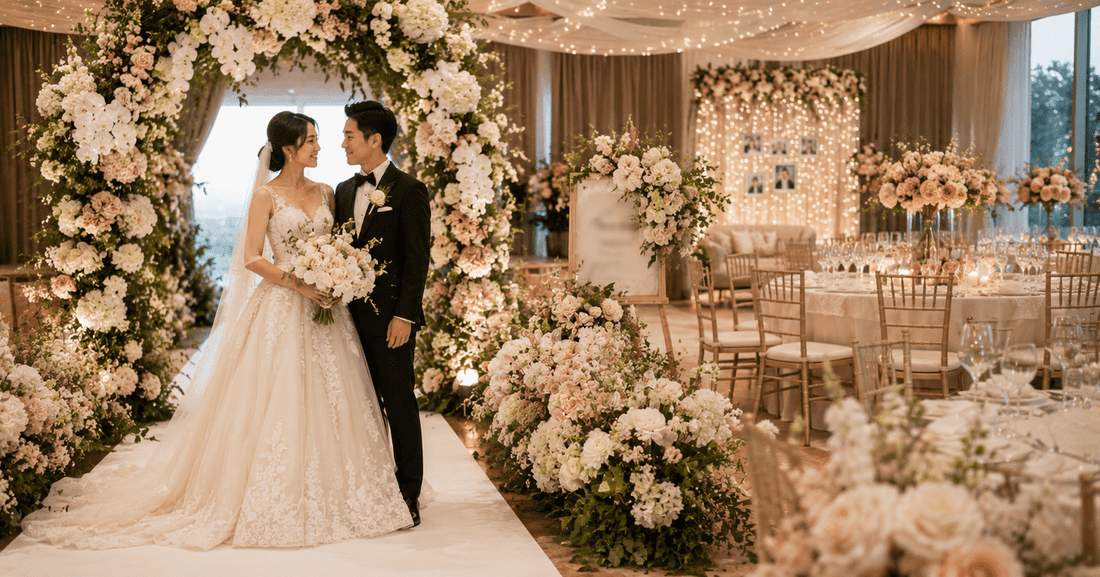 Wedding flowers in Singapore decorating a romantic wedding reception with a floral arch, elegant table arrangements, and a bride and groom standing together during the ceremony.