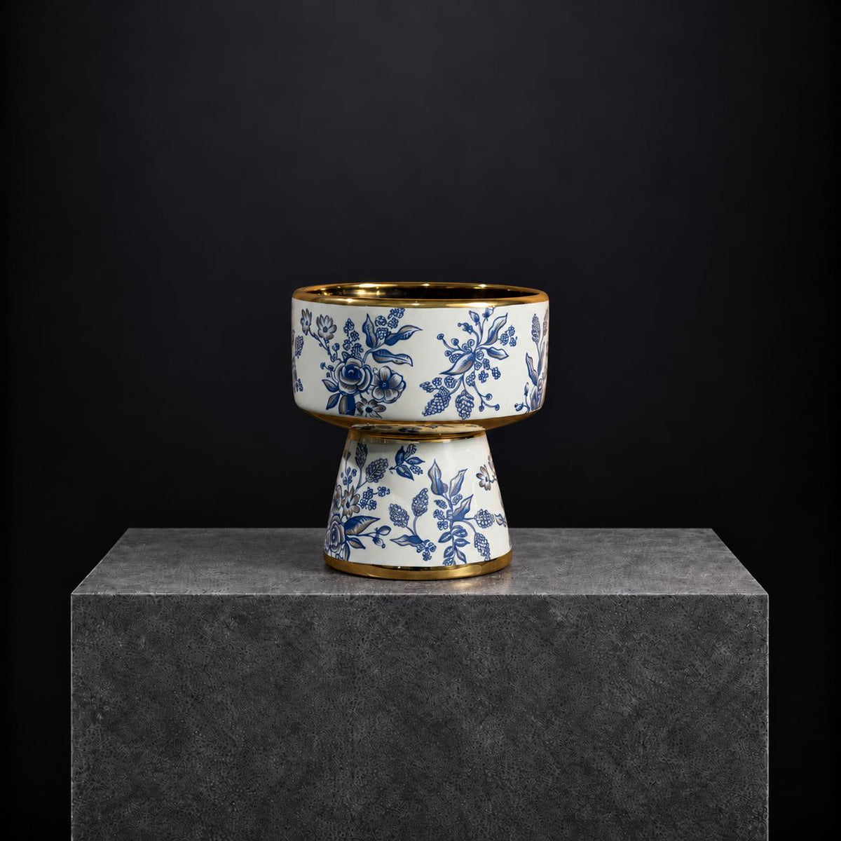 Blue Garden Gilt Pedestal Porcelain Vase | 19H x 16D
