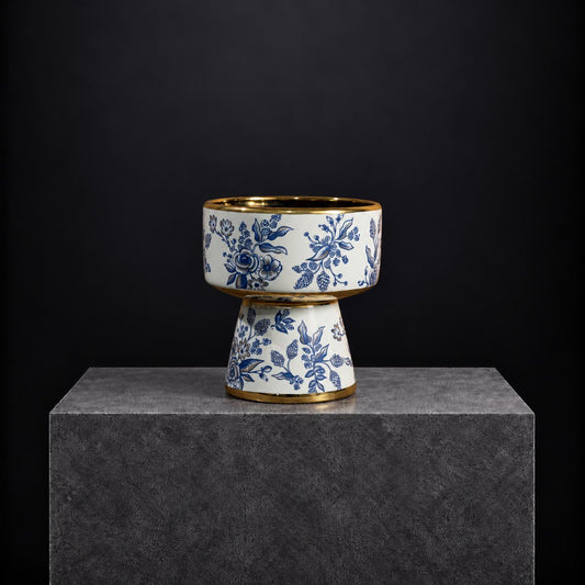 Blue Garden Gilt Pedestal Porcelain Vase | 19H x 16D