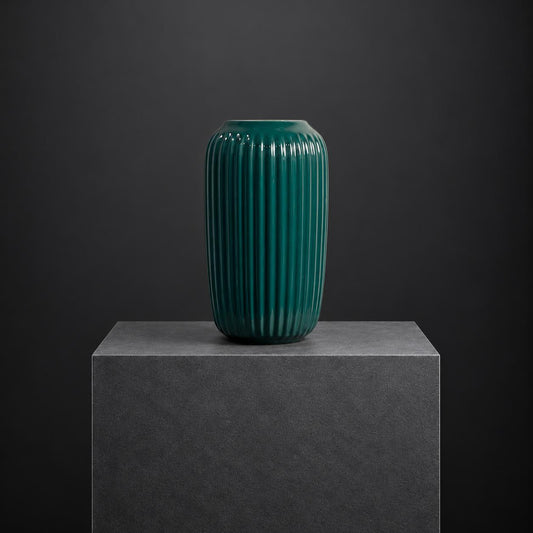 Deep Emerald Ribbed Ceramic Vase | 25H x 8D