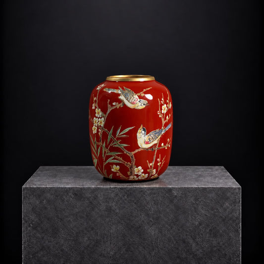 Scarlet Songbird Porcelain Vase | 16H x 6D x 20D