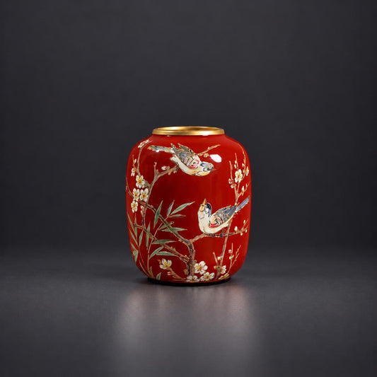 Scarlet Songbird Porcelain Vase | 16H x 6D x 20D